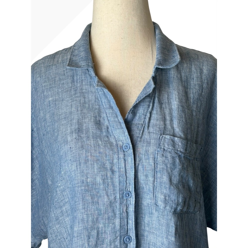 Garnet Hill Linen Button Down Shirt Women 8 Blue Short Sleeve Preppy Lagenlook - Picture 5 of 9